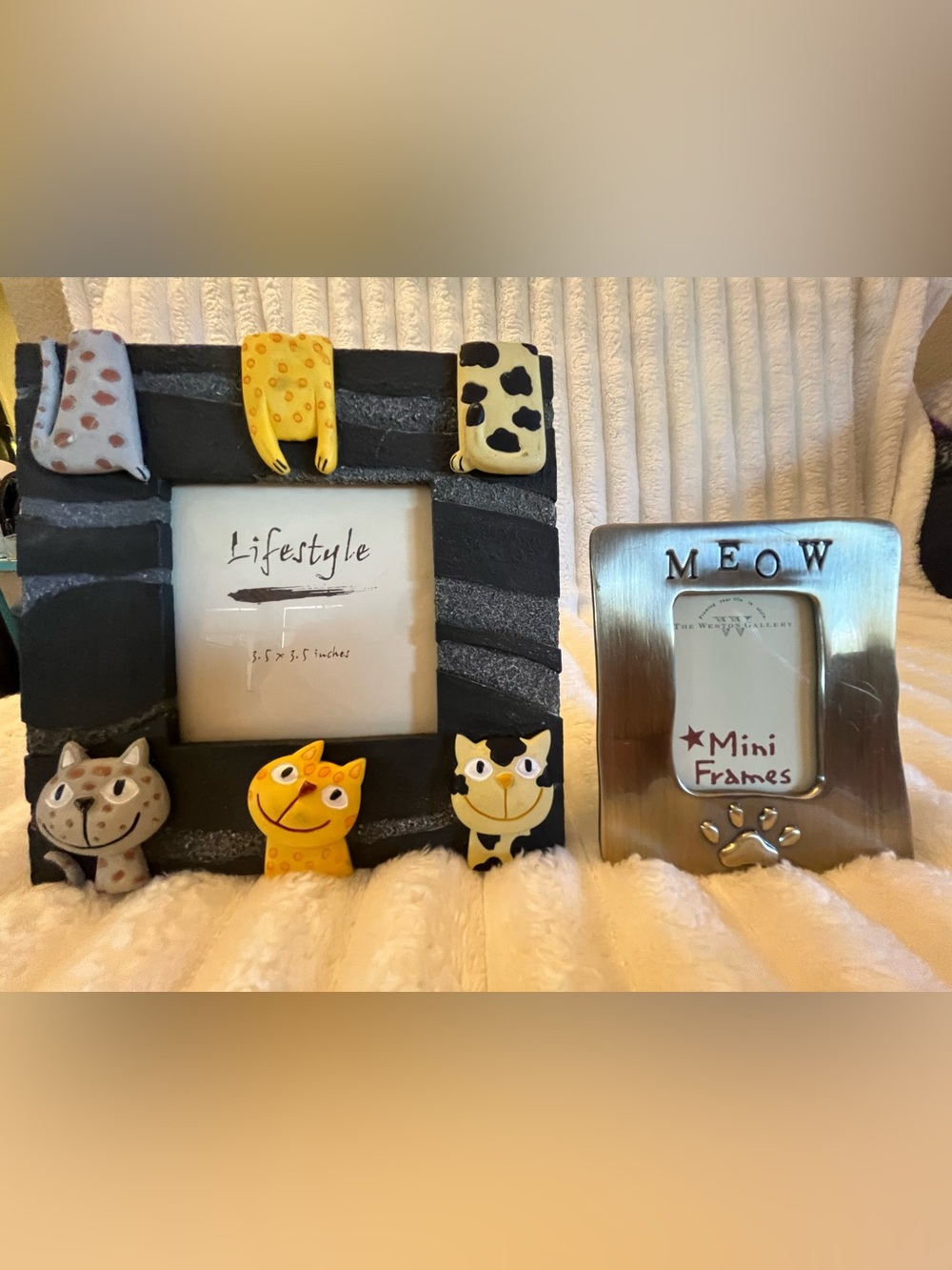 Whimsical Cat Ceramic Photo Frame/Mini Silver tone frame
